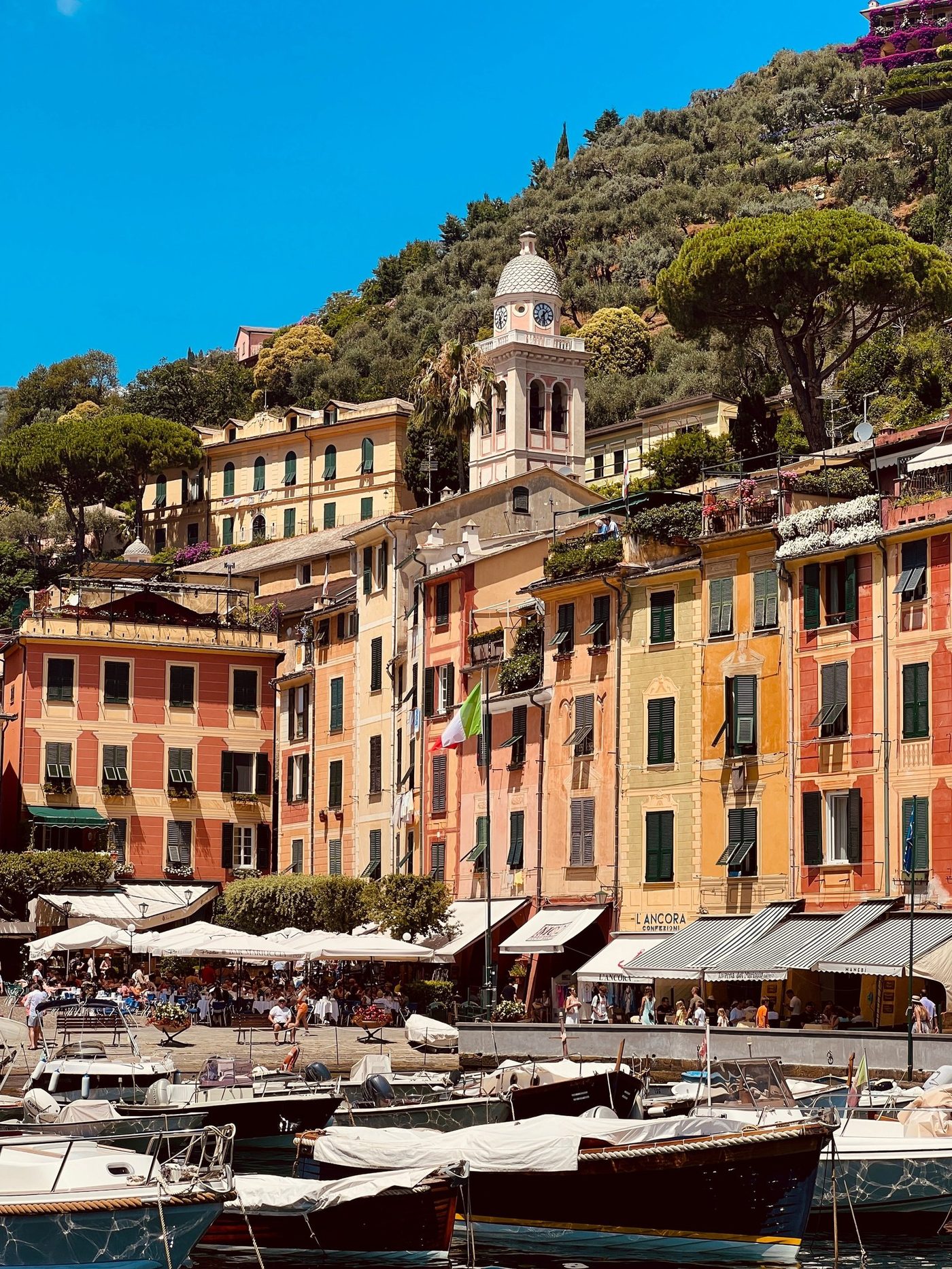 Portofino's pastel waterfront buildings and boats